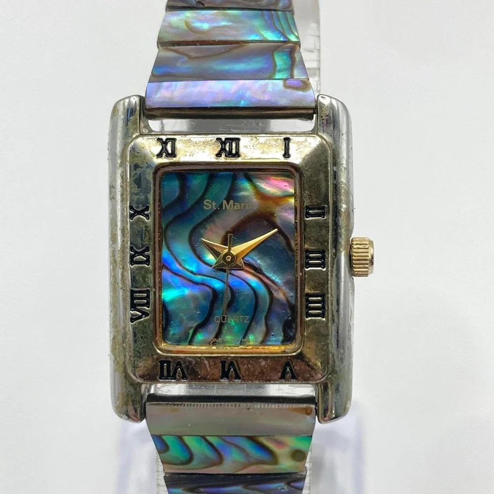 Vintage St. Marin Womens Watch 21mm Abalone Stretch Band Two Tone New Battery 6